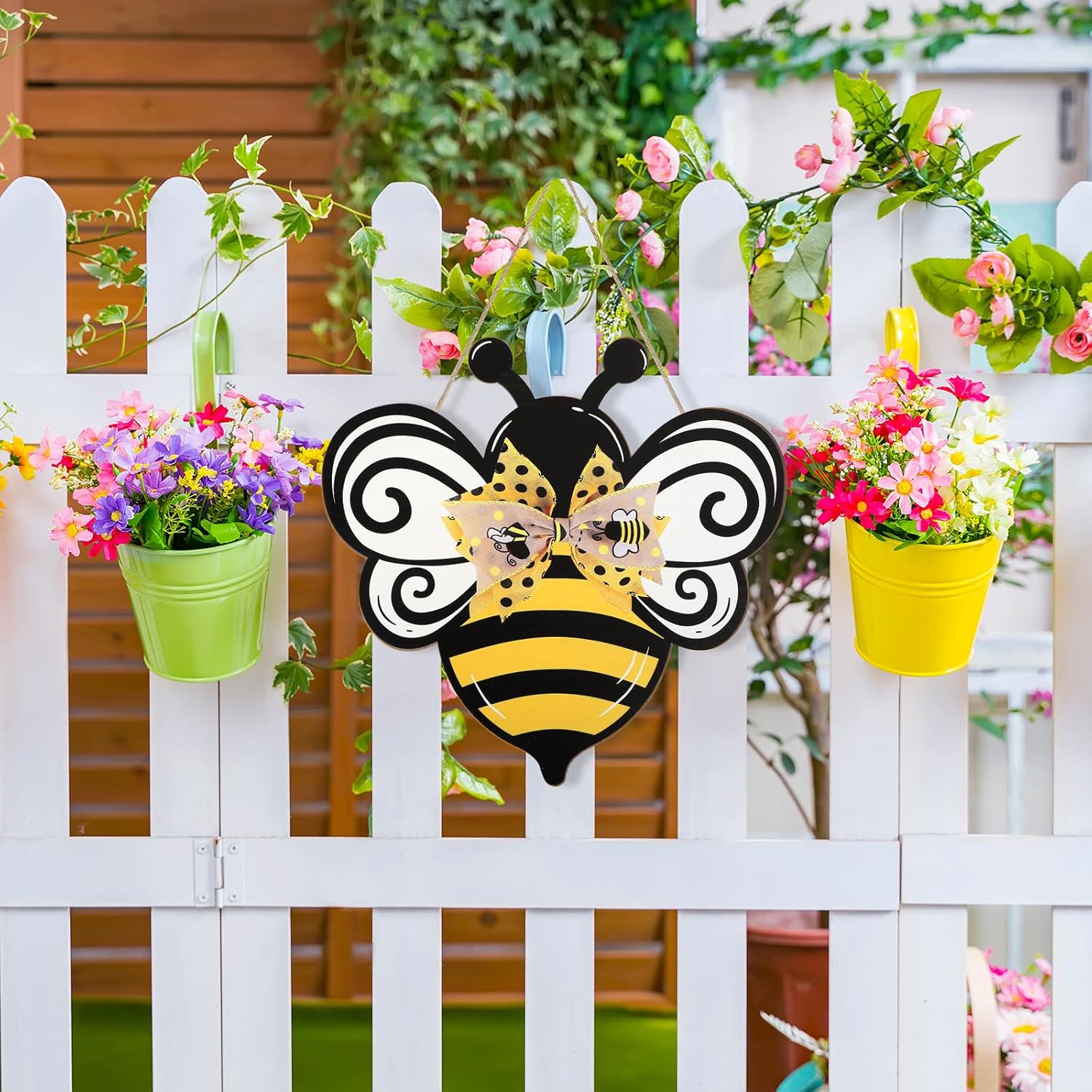 Bee Wooden Wreath Front Door Welcome Sign with Bow Ribbon