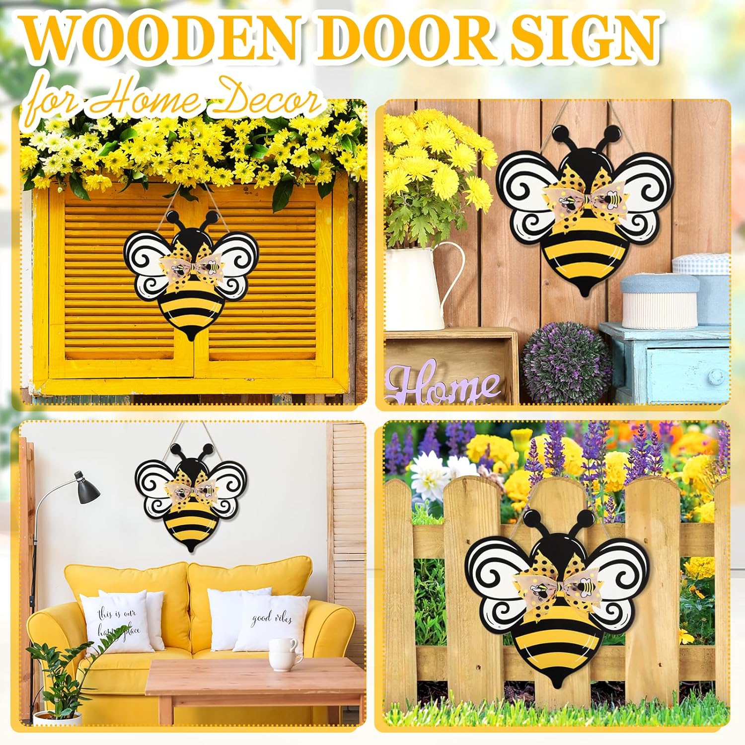 Bee Wooden Wreath Front Door Welcome Sign with Bow Ribbon