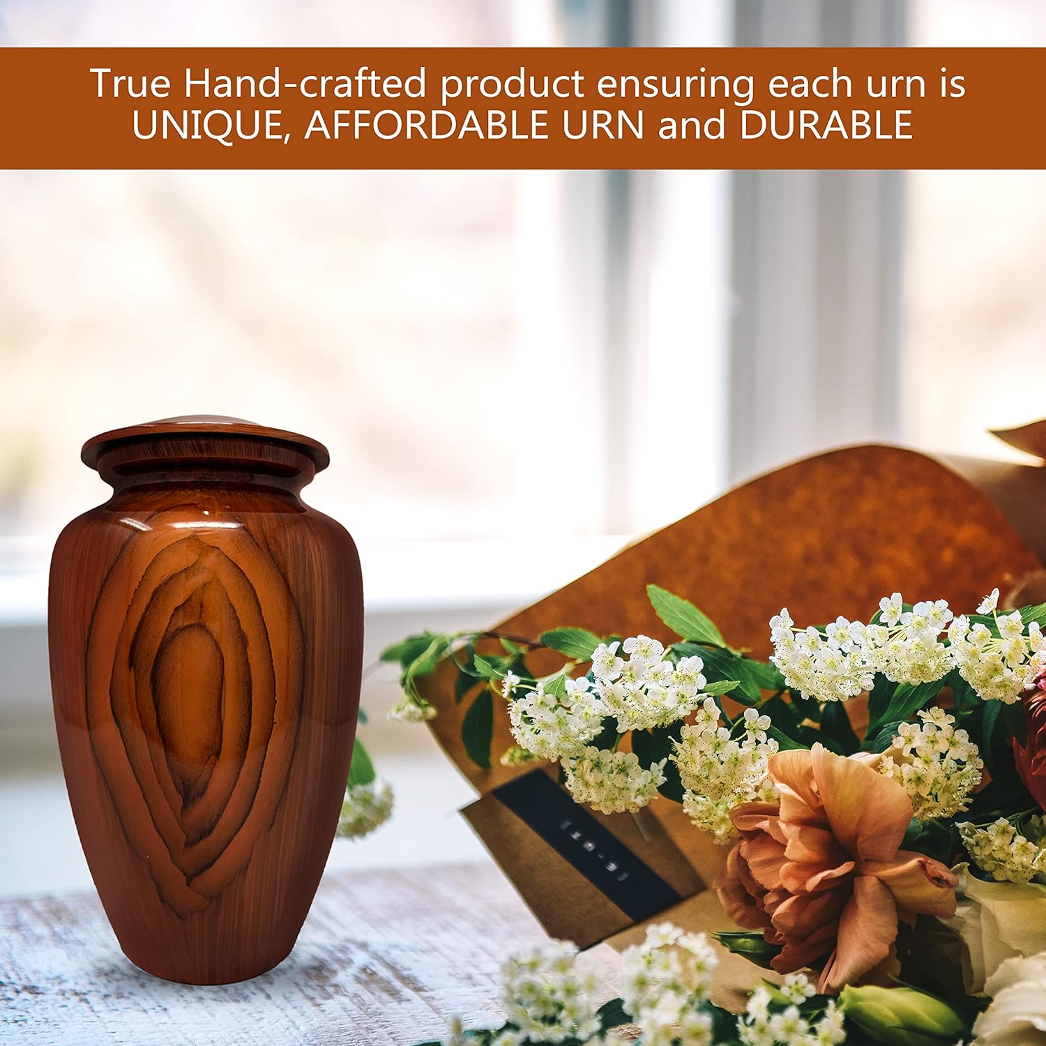 Smartchoice Cremation Urn for Human Ashes - Elegant Chestnut Brown Handcrafted Urn