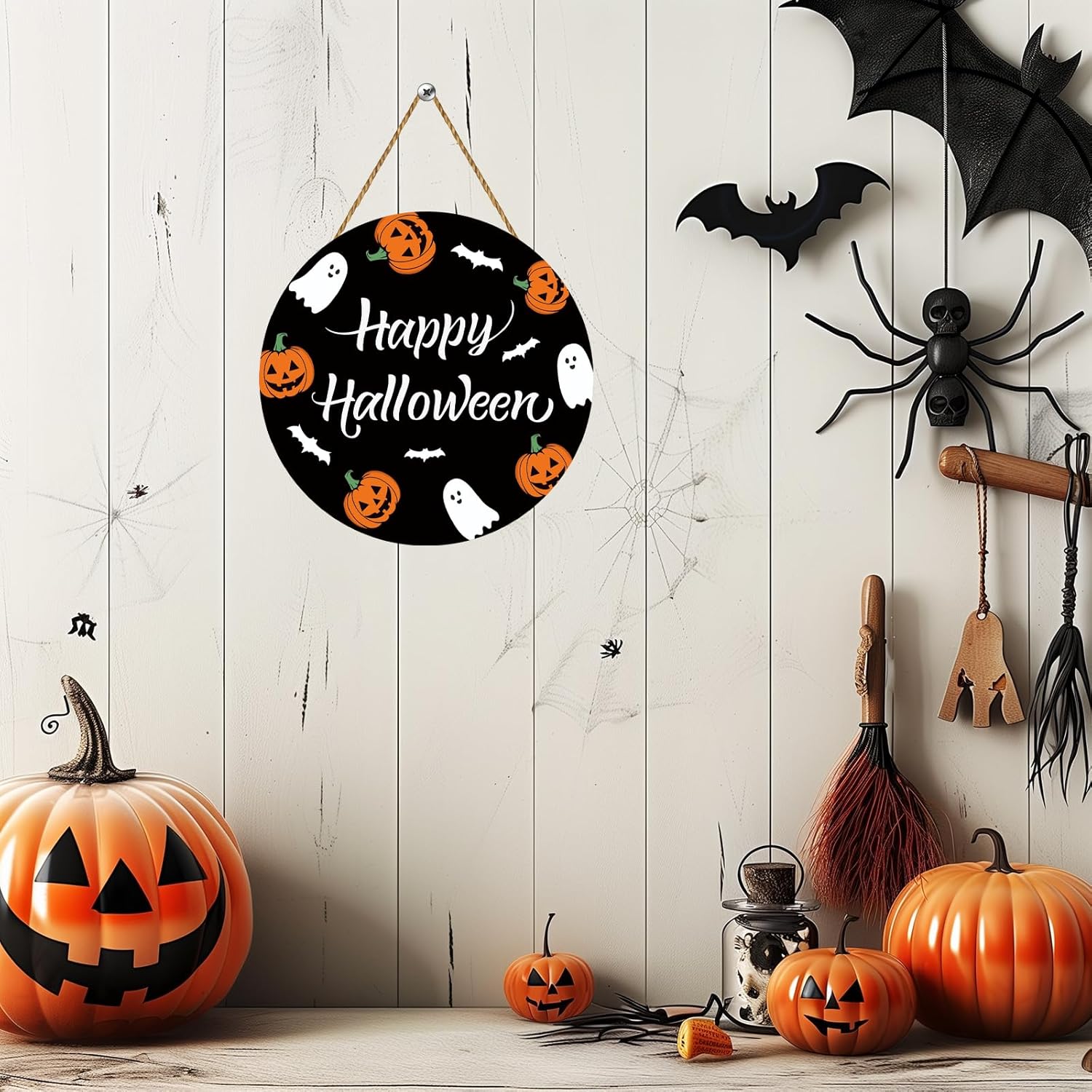 Cute Halloween Wreath with Ghosts Pumpkins Bats Hanging Sign