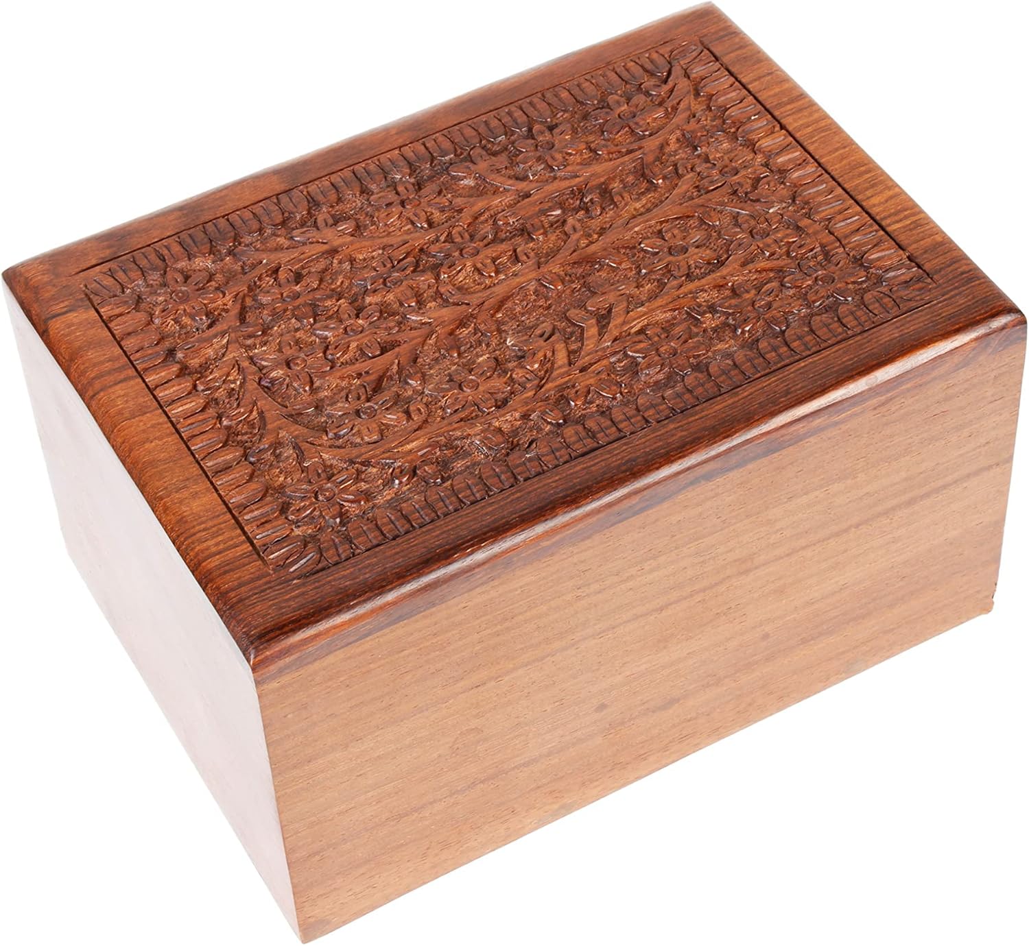 Hand Carved Wooden Urn Box - Cremation Urn for Human Ashes 7x5 Inch