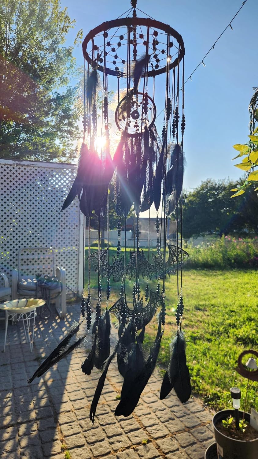 Gothic Black Dreamcatcher Mobile with Crystals and Bats