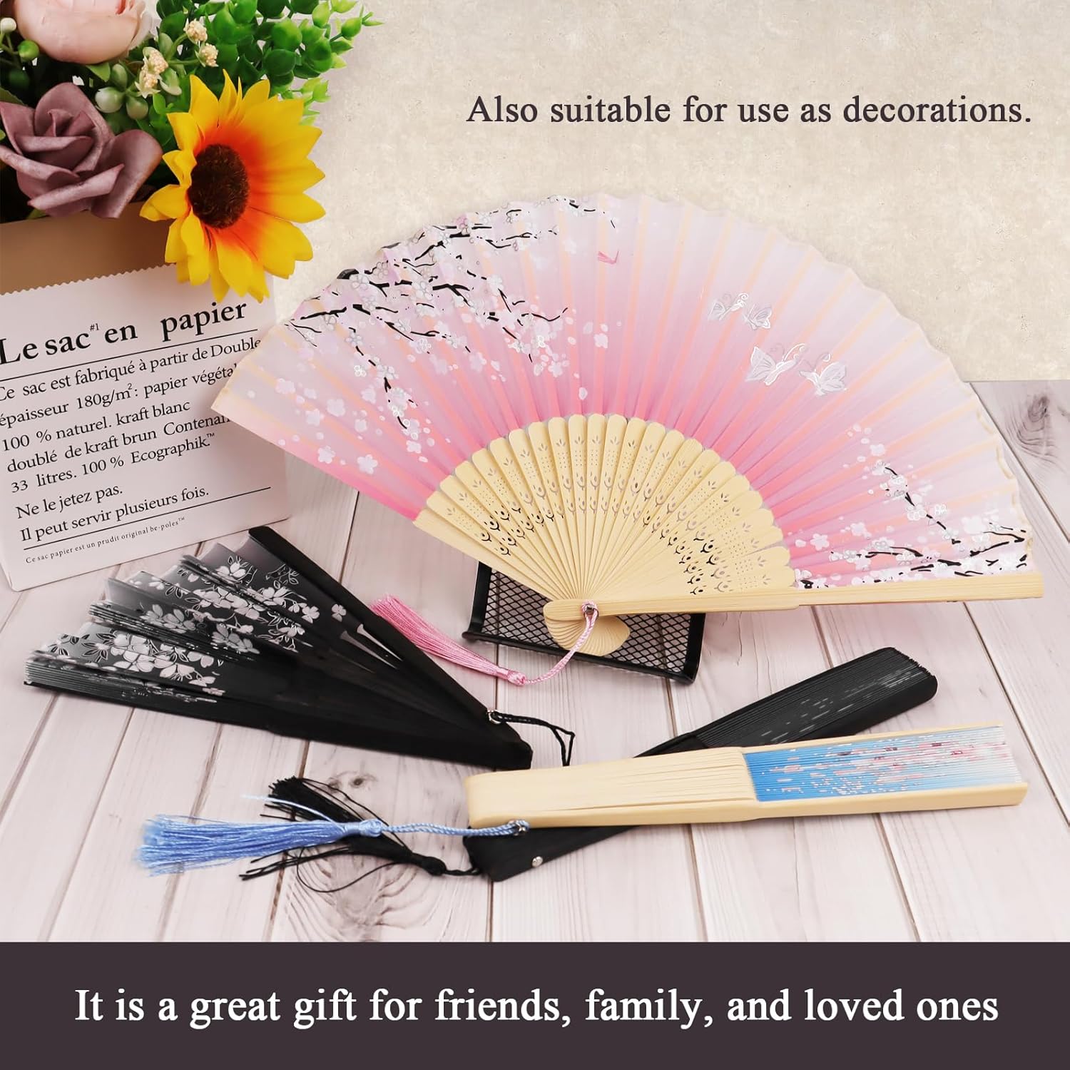 4 Pack Decorative Silk Bamboo Fans with Flower Patterns for Line Dancing and Home Decor