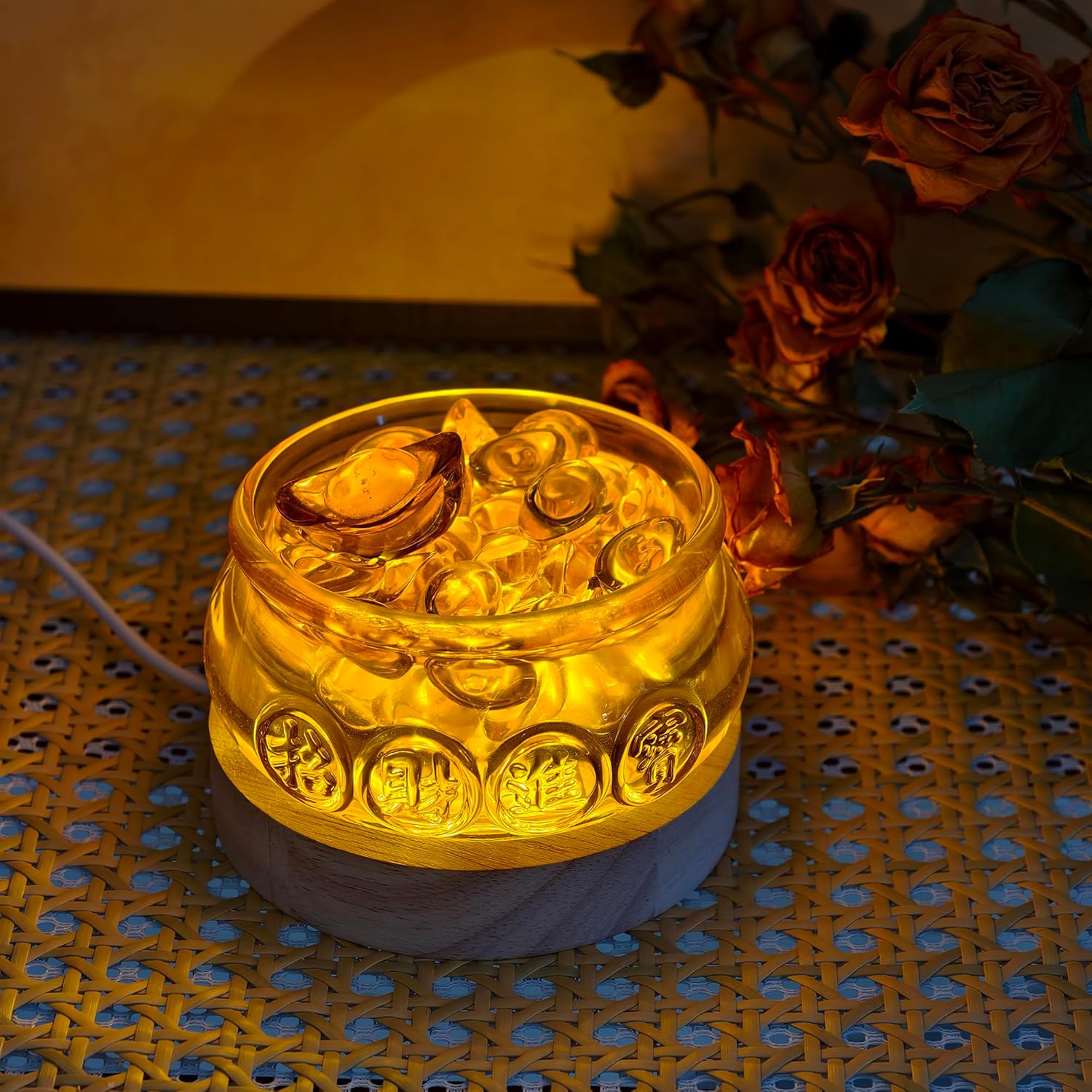 Golden Treasure Crystal Glass Bowl with LED Base and 321 Ingot Decor