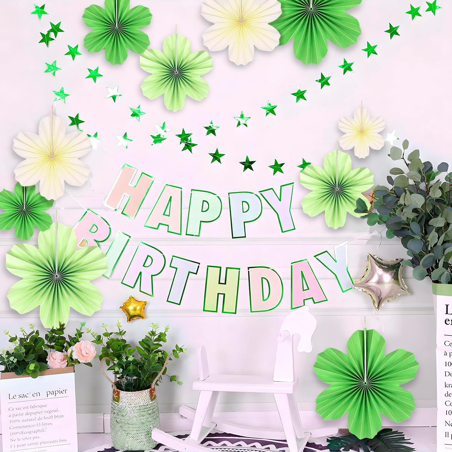 PheiLa Paper Flowers Decor Set of 9 Green Fans