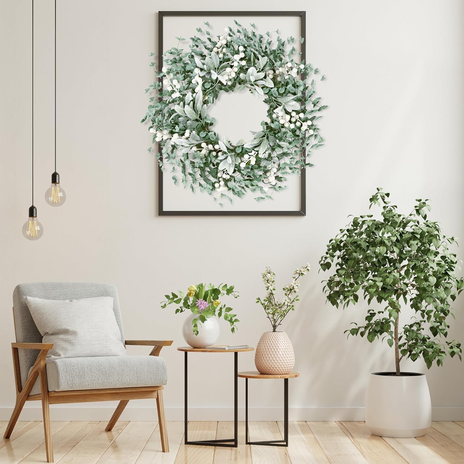 Sggvecsy Artificial Greenery Wreath with White Berries - 22 Inch Flocked Lambs Ear Wall Decor