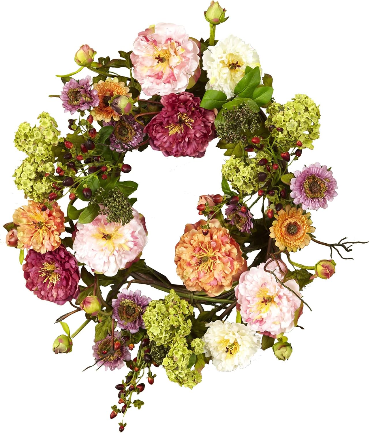 Nearly Natural 24 Inch Peony Wreath Mixed Colors