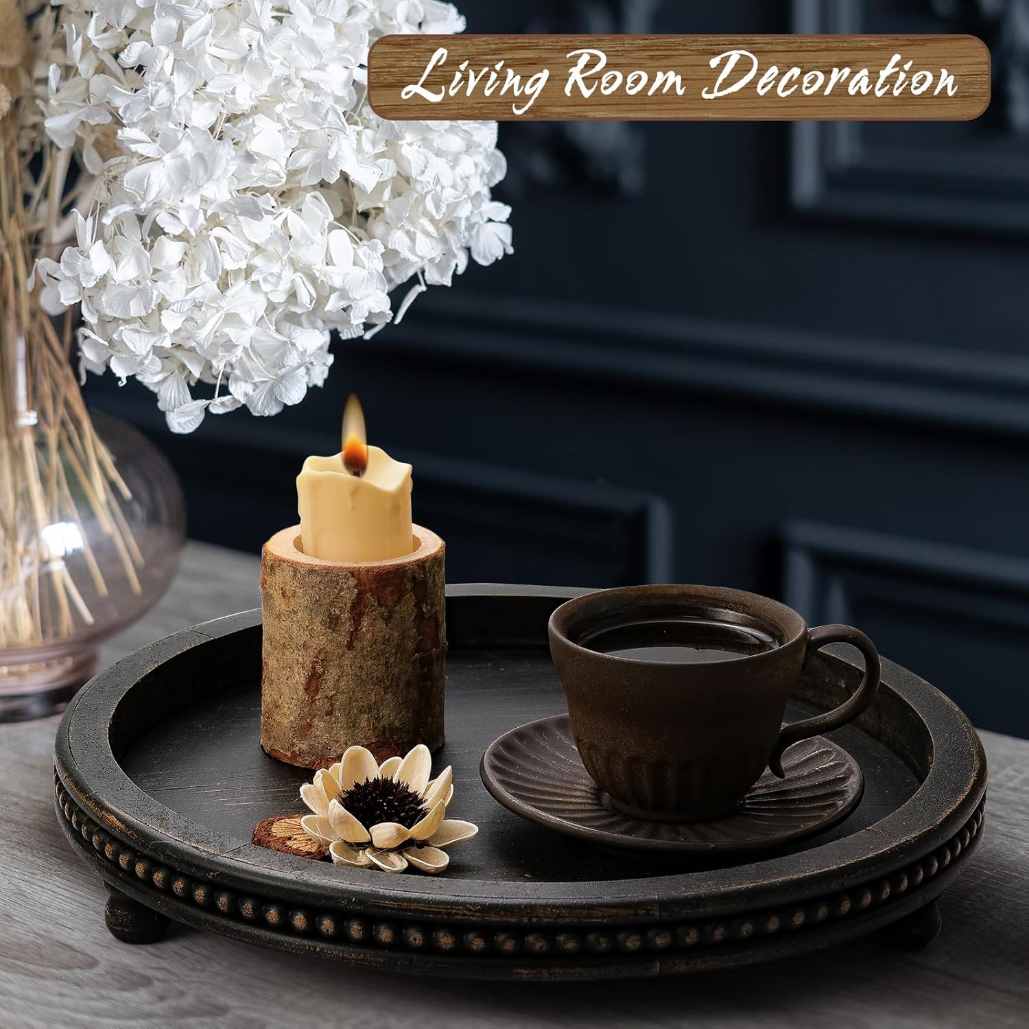 KULEDM Black Round Wooden Tray Decor for Coffee Table