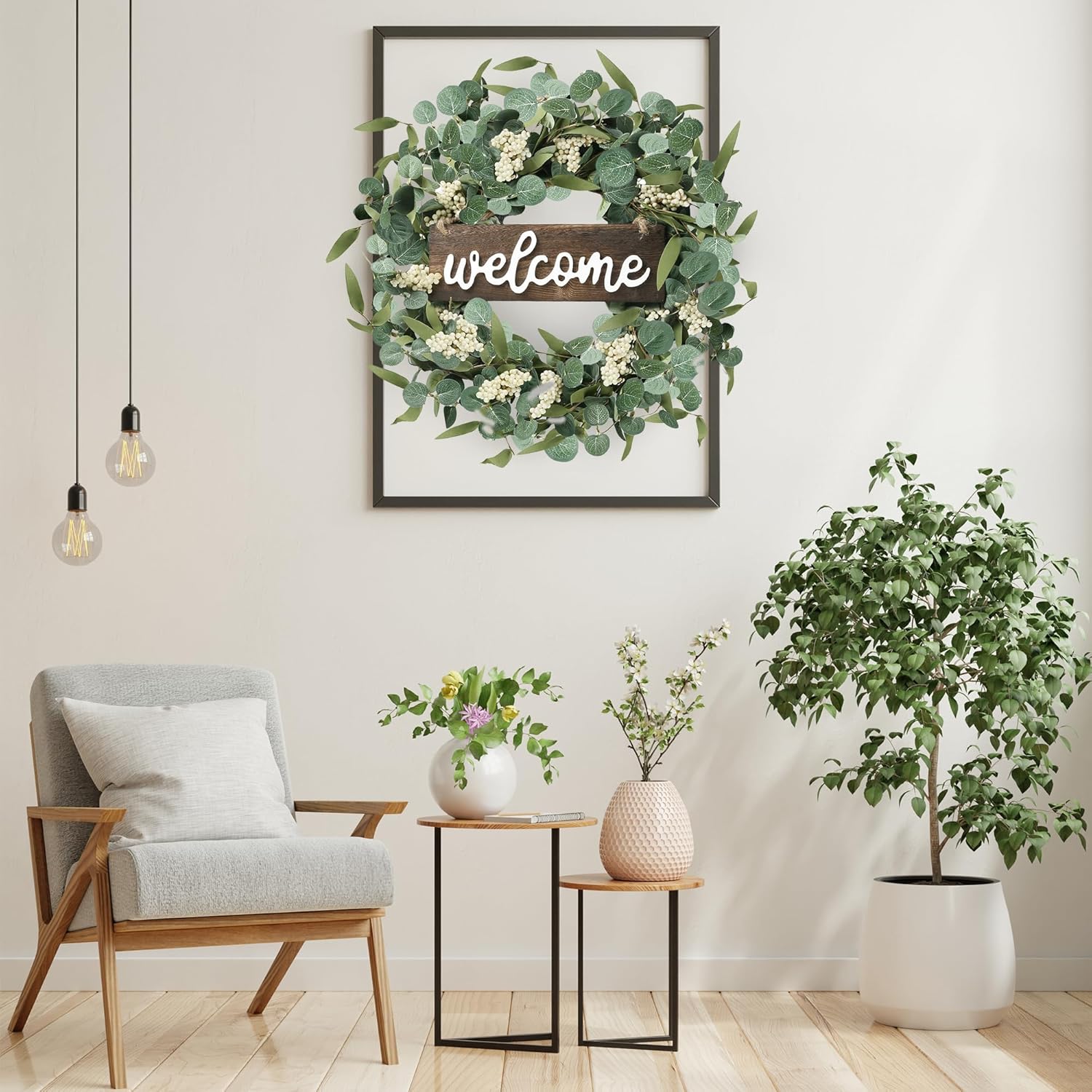 Sggvecsy Green Eucalyptus Wreath with Welcome Sign 20in Decor