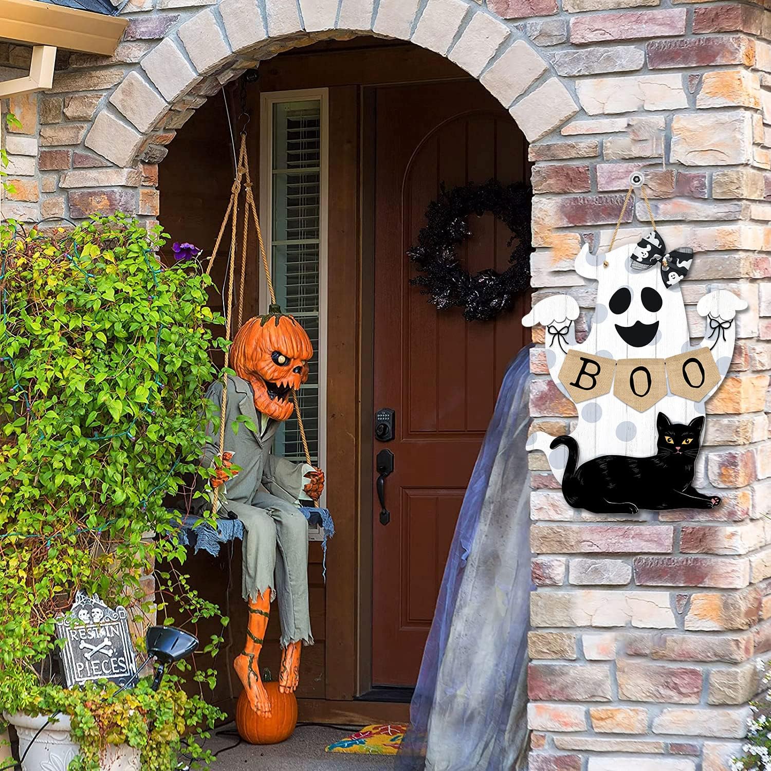 Halloween Boo Decorations Ghost Door Sign Wooden Wreath Outdoor Indoor
