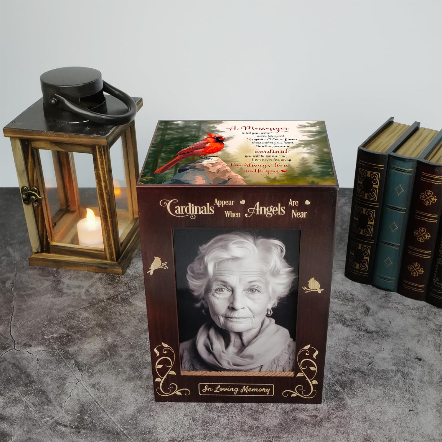 Wooden Cremation Urn with Photo Frame for Adult Ashes Cardinal Design