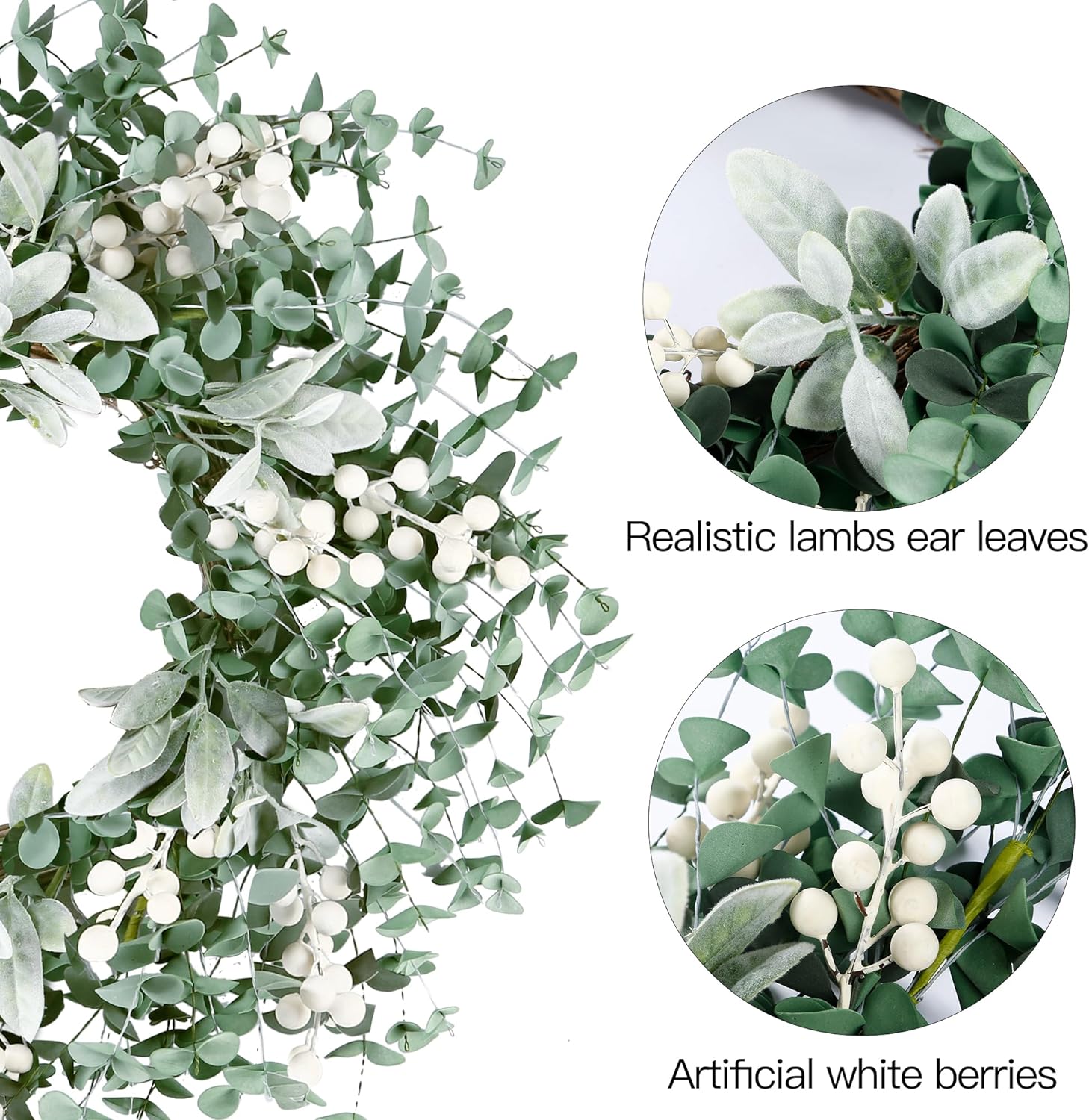 Sggvecsy Artificial Greenery Wreath with White Berries - 22 Inch Flocked Lambs Ear Wall Decor