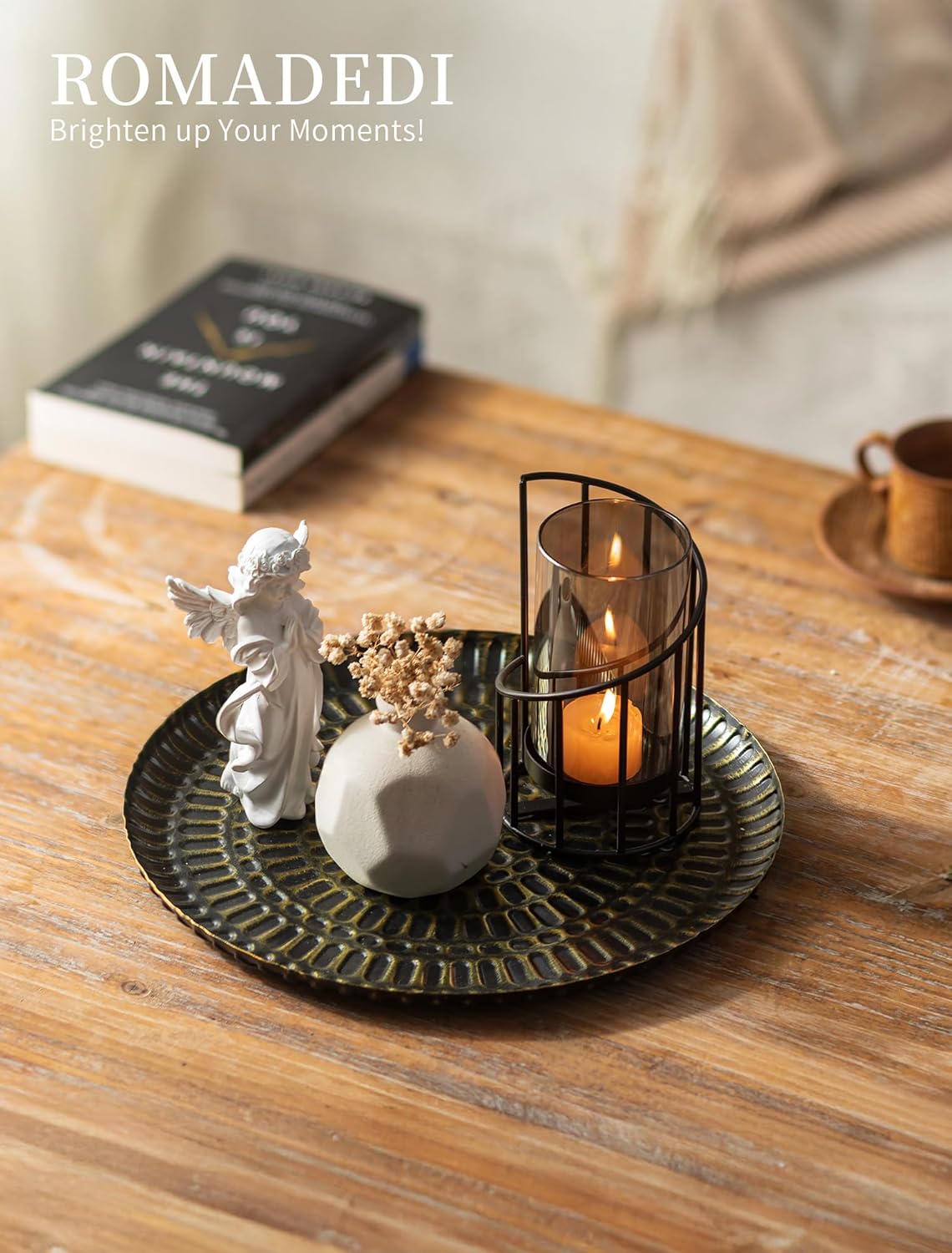 Romadedi Round Candle Tray - 118 Inch Vintage Metal Decor with Distressed Finish