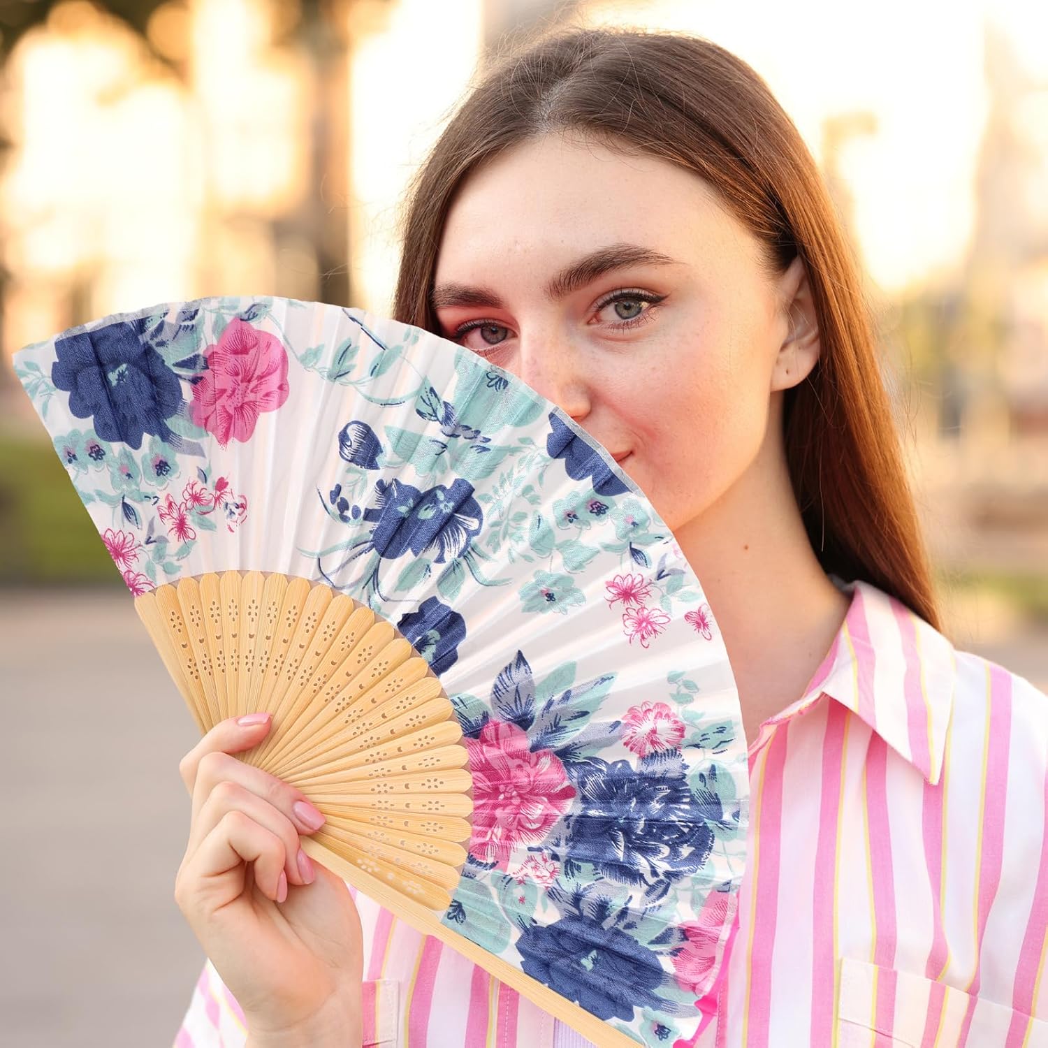Zonon 4 Pack Handheld Silk Bamboo Folding Fans with Tassel