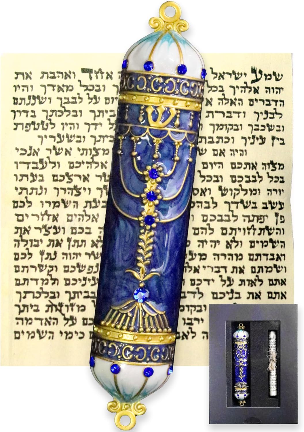 Exquisite Enamel Mezuzah with Scroll and Crystal Accents