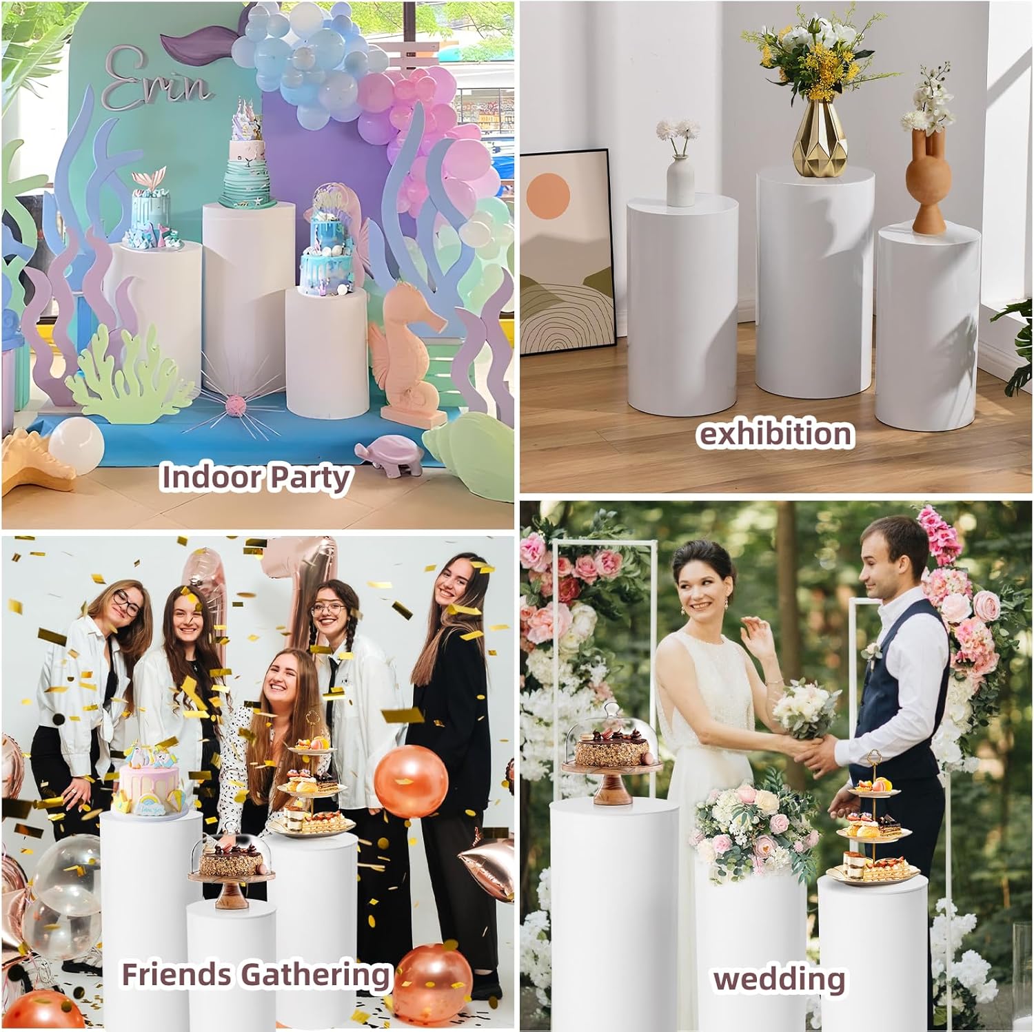 3Pcs White Cylinder Pedestal Stand with Spandex Covers for Parties and Events