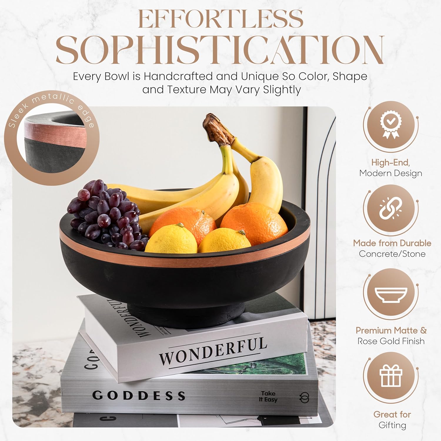 Concrete Decorative Bowl with Rose Gold Rim 1