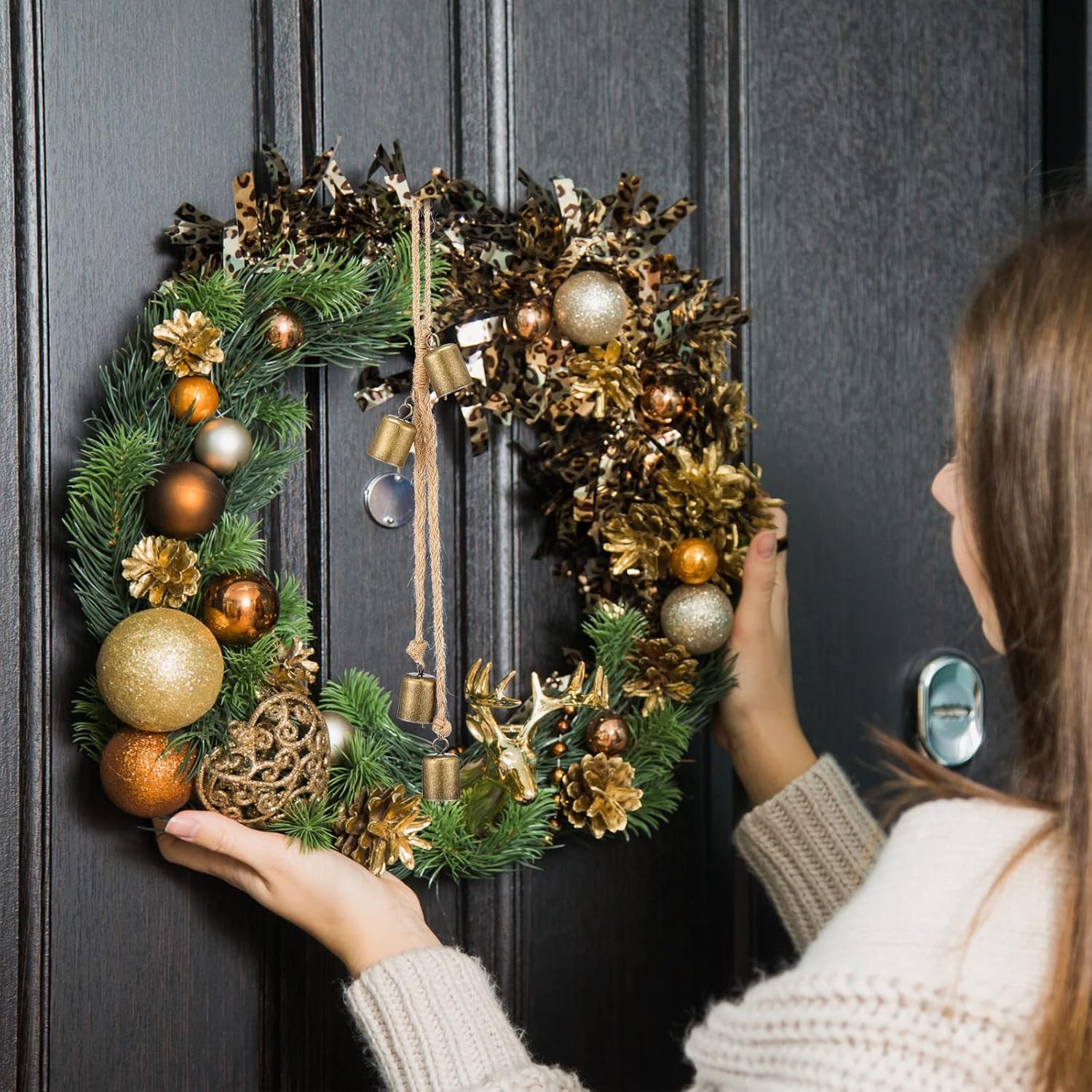 2 Piece Rustic Vintage Gold Brass Bells Christmas Decor Wall Hanging