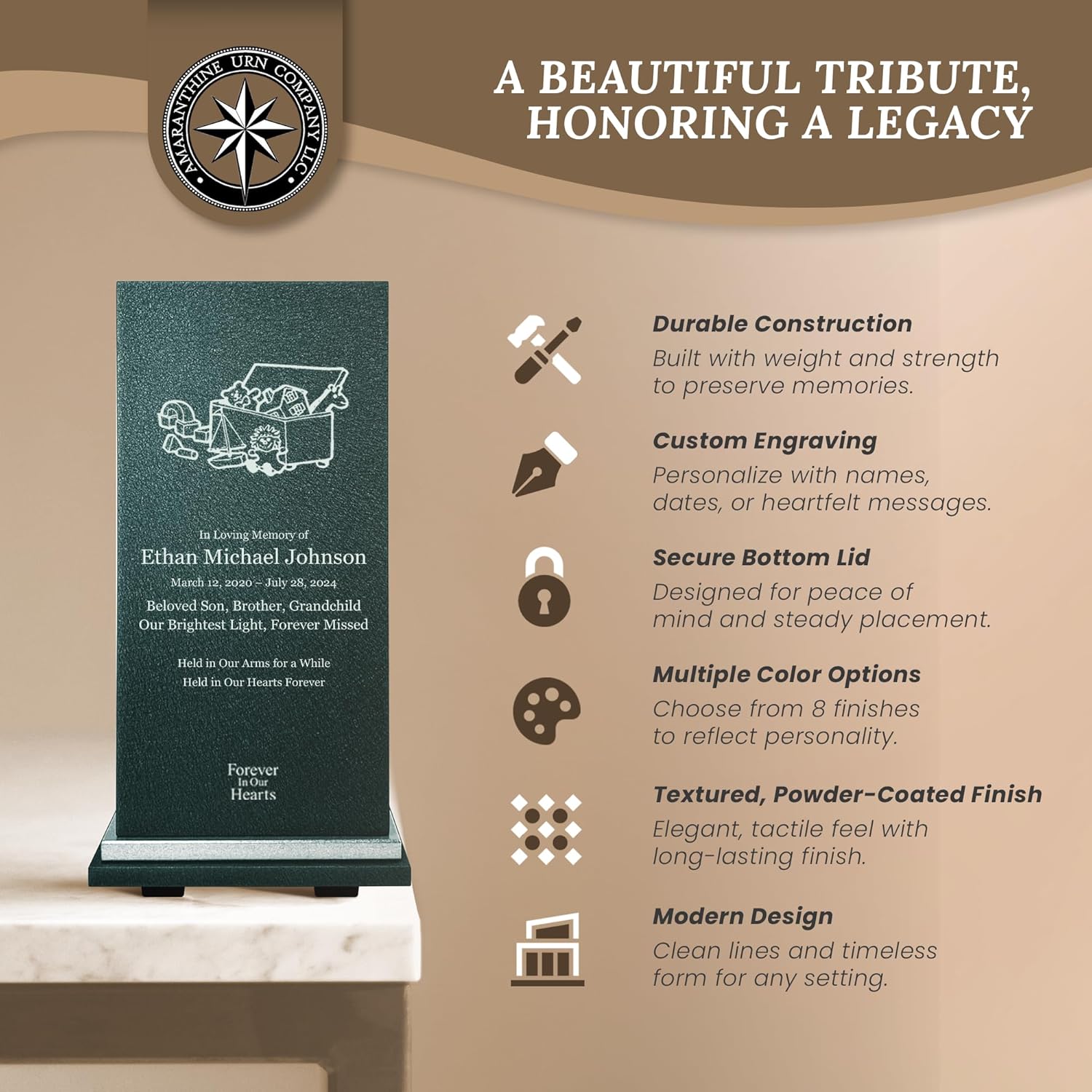 Elegant Customizable Cremation Urn for Human Ashes - Personalized Text Color Base Made in USA