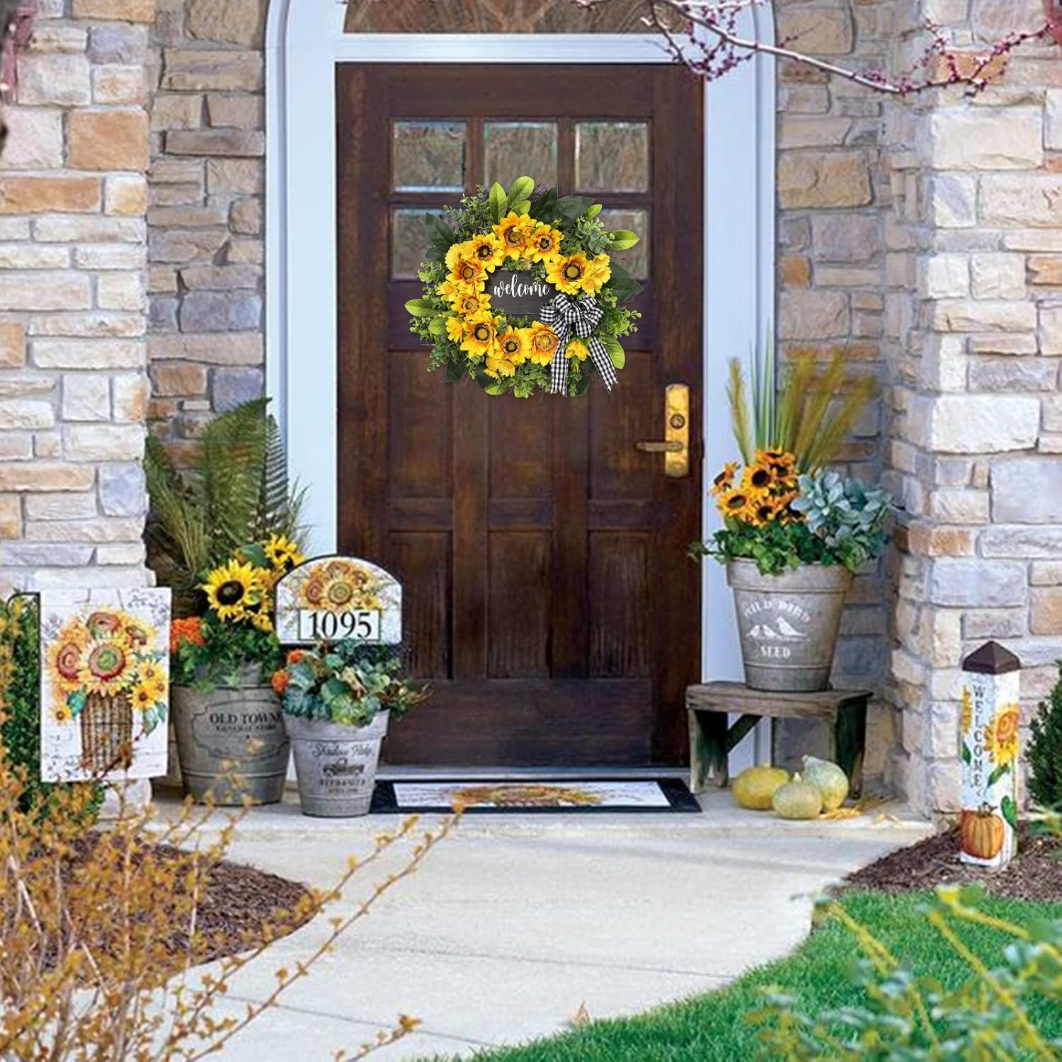 Vofuly Sunflower Wreath 20 Inch Welcome Front Door Decor