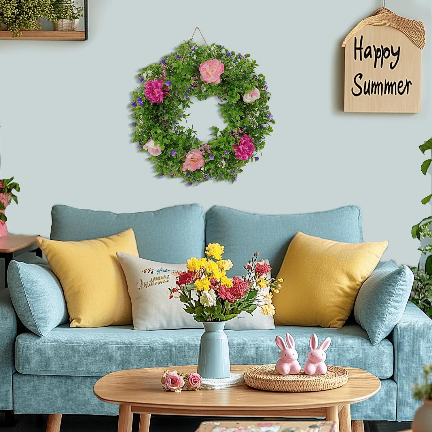 Summer Wreaths for Front Door - 18 Inch Artificial Greenery Wreath
