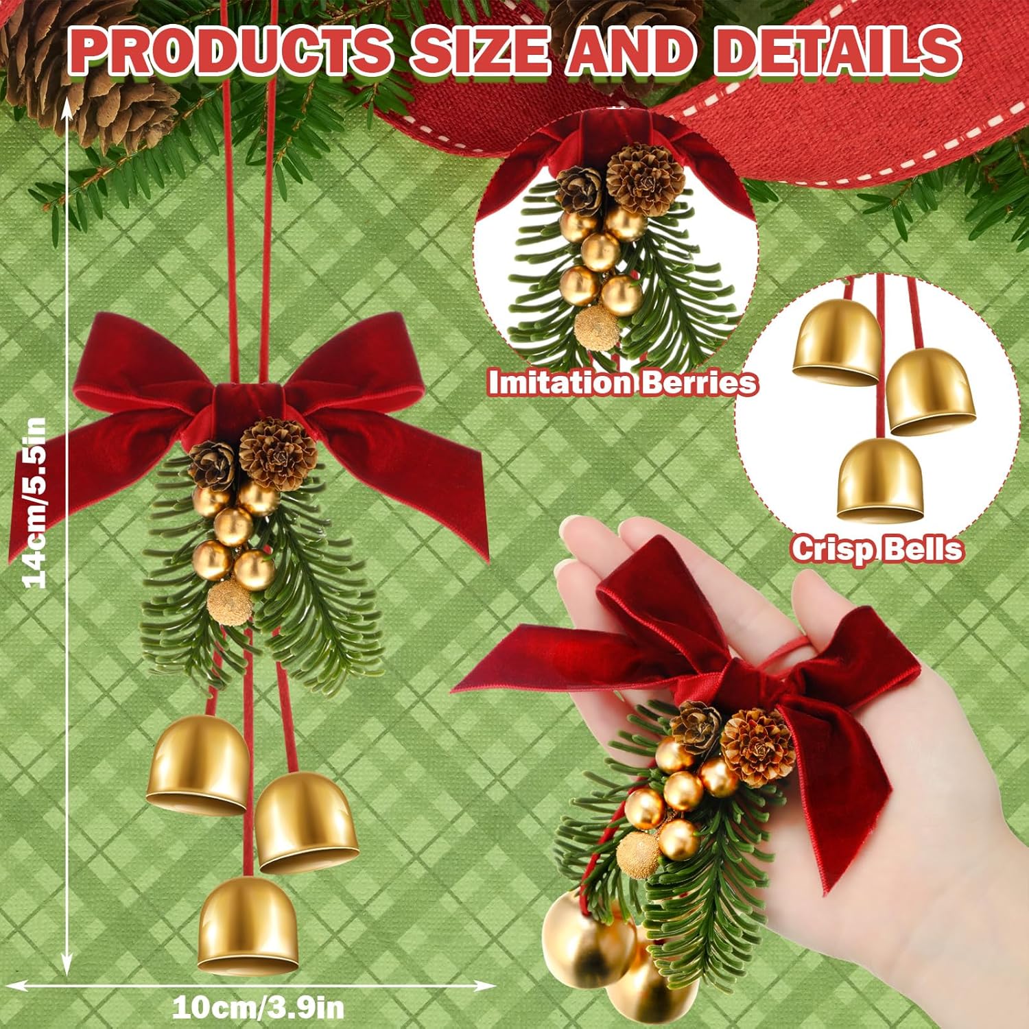 2 Pcs Christmas Wreath Bows with Jingle Bells and Pinecone Tree Topper Decor