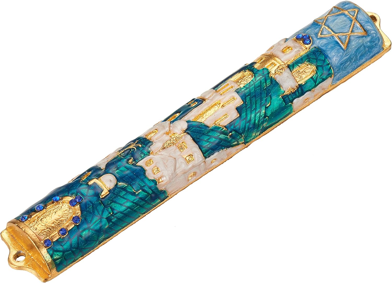Matashi Jerusalem Cityscape Mezuzah with Gold Accents and Star of David Crystals