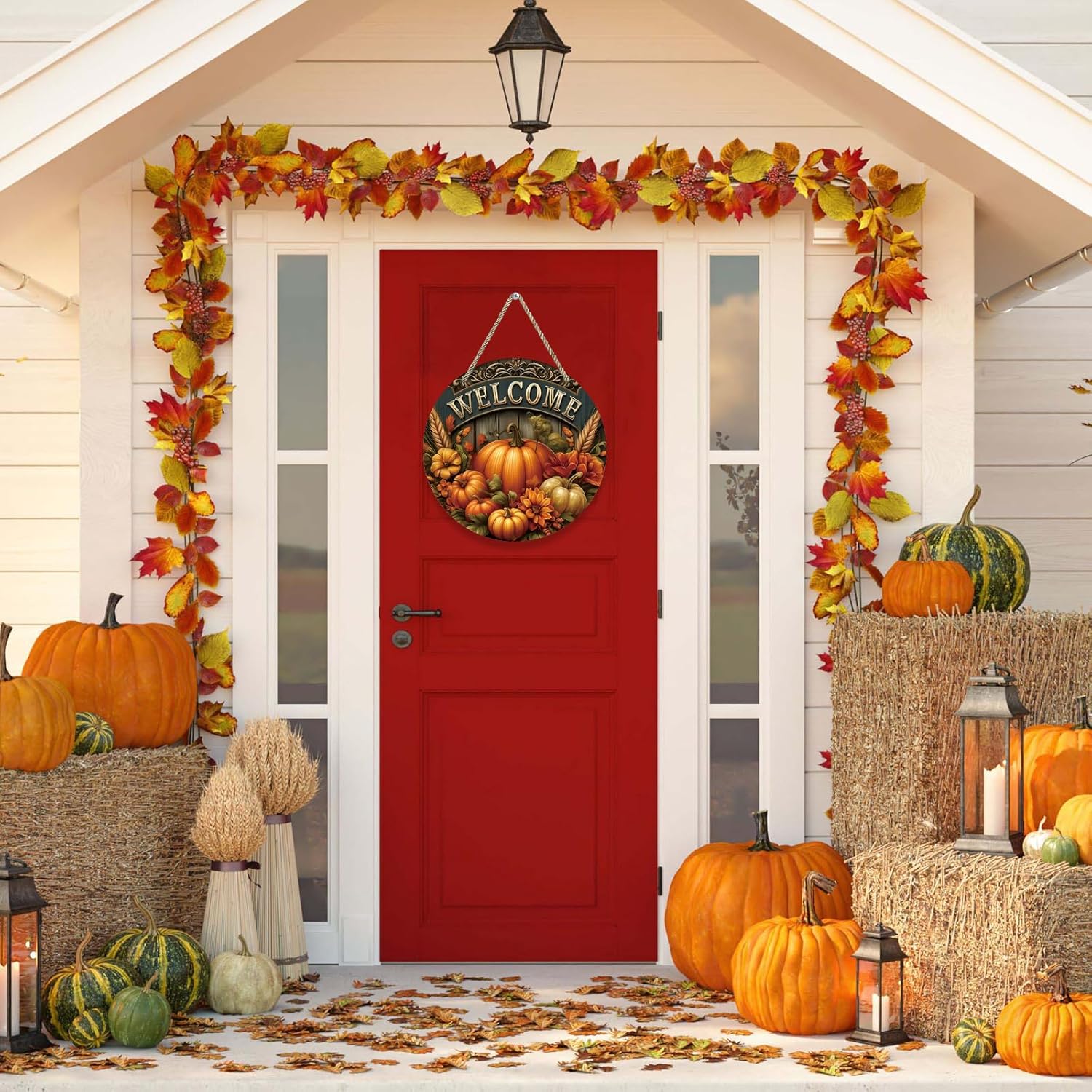Fall Welcome Door Sign with Rustic Pumpkin Design