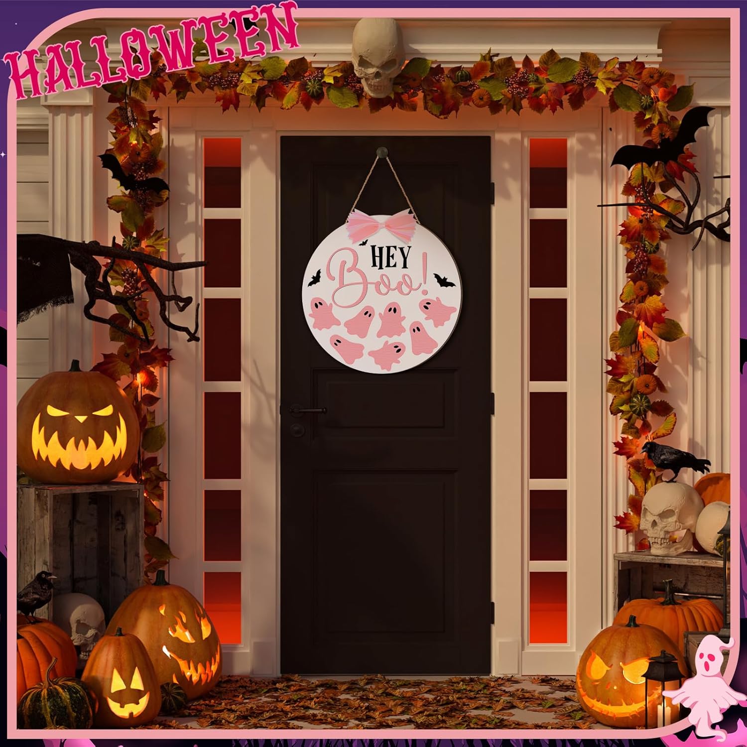 Beeveer Halloween Door Sign with Pink Bows