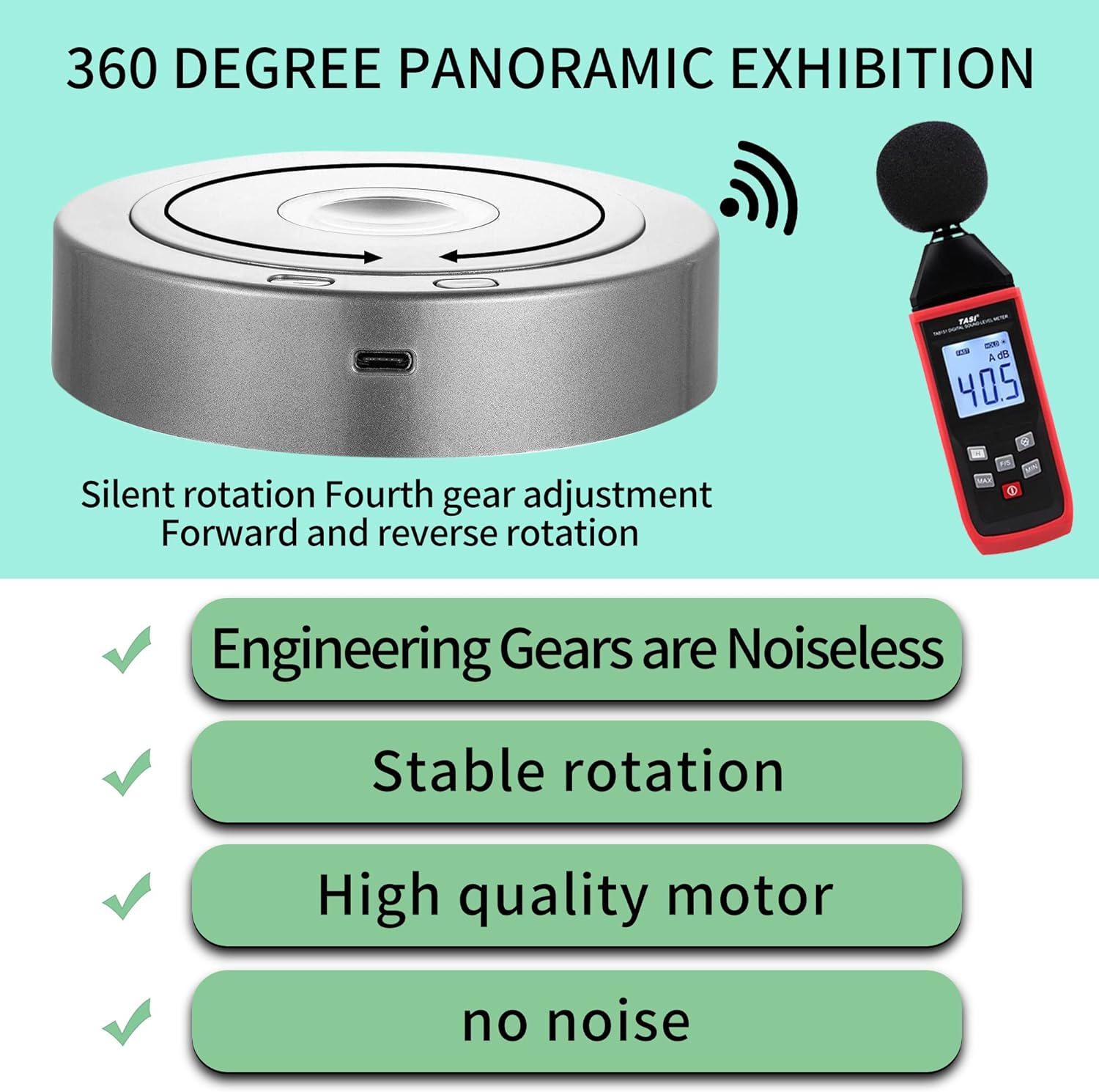 Rotating Display Stand with Colorful LED Lights - 4 Modes 8 Light Options - Electric Battery Operated - Silver