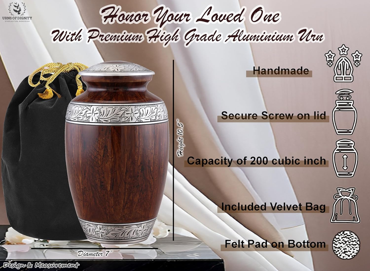 Cremation Urn for Human Ashes Large Adult Memorial Urn Brown