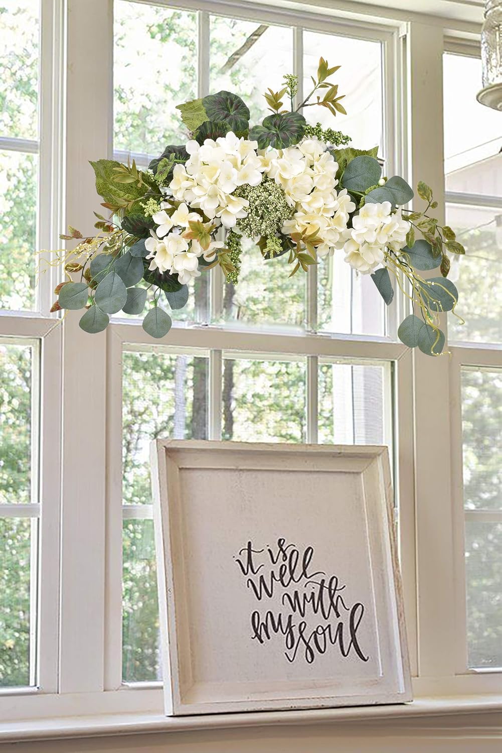 I-GURU Artificial Hydrangea Swag 28 Inch White Decor