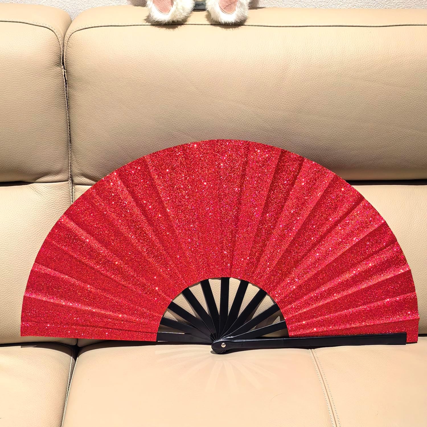 Large Folding Fan with Glitter 13 Inch Heavy Duty Plastic Fan