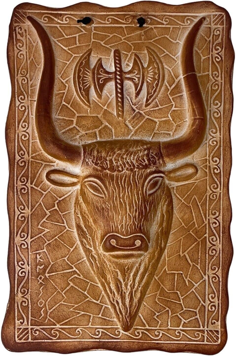 Bull Head Double Axe Minoan Symbol Ceramic Tile Wall Relief Decor