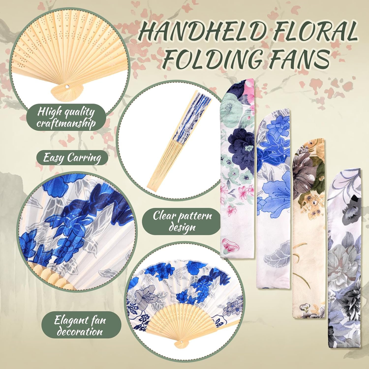 Zonon 4 Pack Handheld Silk Bamboo Folding Fans with Tassel