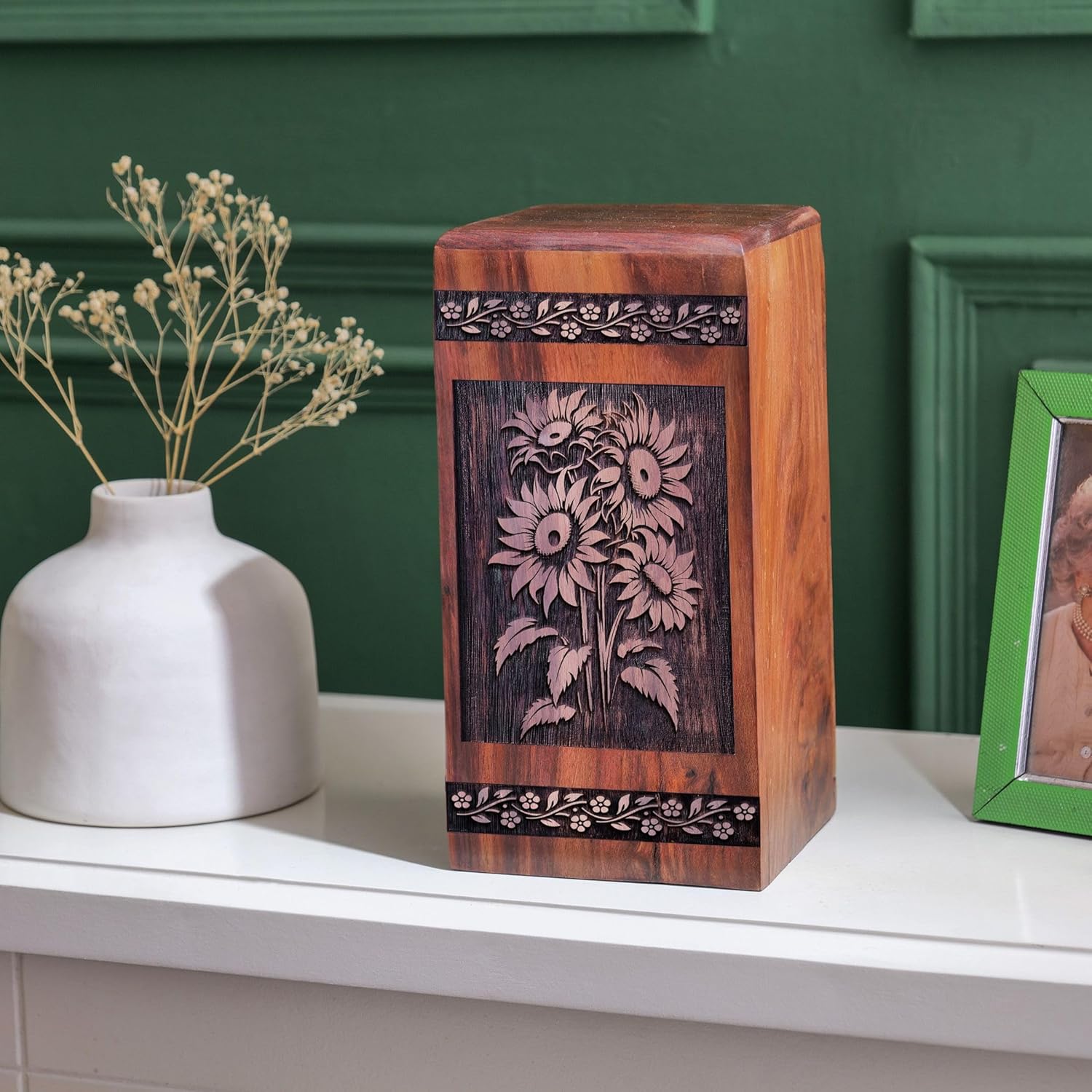 Wooden Sunflower Decorative Urns for Ashes - 5 Inch Keepsake Urns for Mom Dad