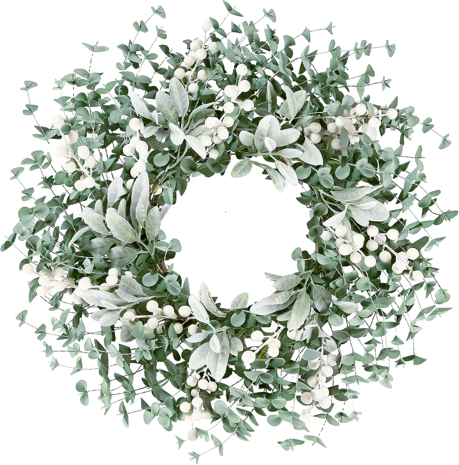 Sggvecsy Artificial Greenery Wreath with White Berries - 22 Inch Flocked Lambs Ear Wall Decor