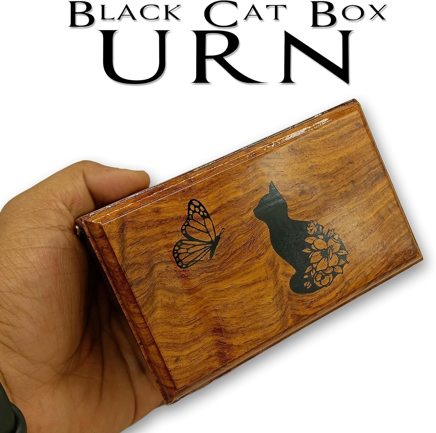 Rosewood Pet Urn with Black Cat in Heaven Design