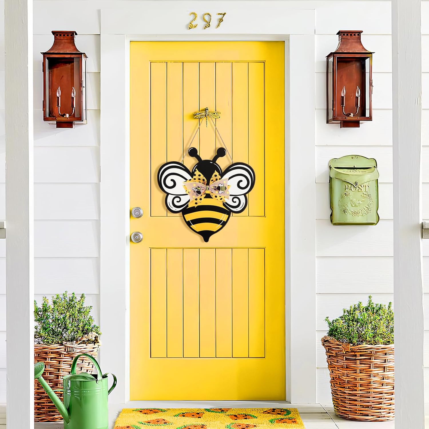 Bee Wooden Wreath Front Door Welcome Sign with Bow Ribbon