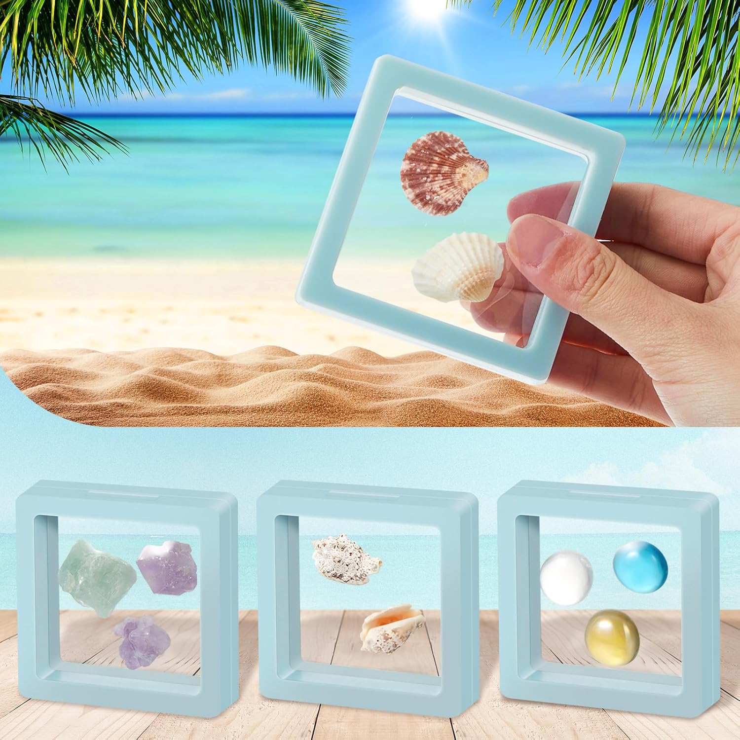 Juexica 9 Pcs Seashell Holder Set Light Blue Display Cases