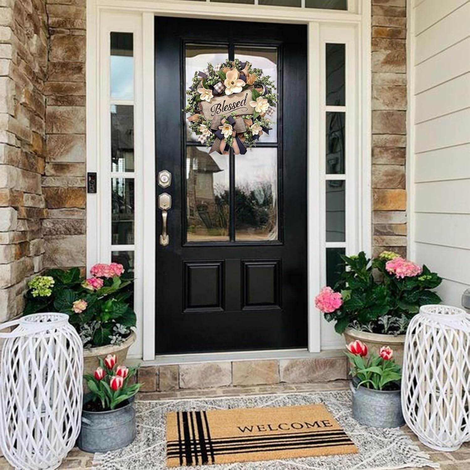 White Magnolia Wreath for Front Door Farmhouse Decor
