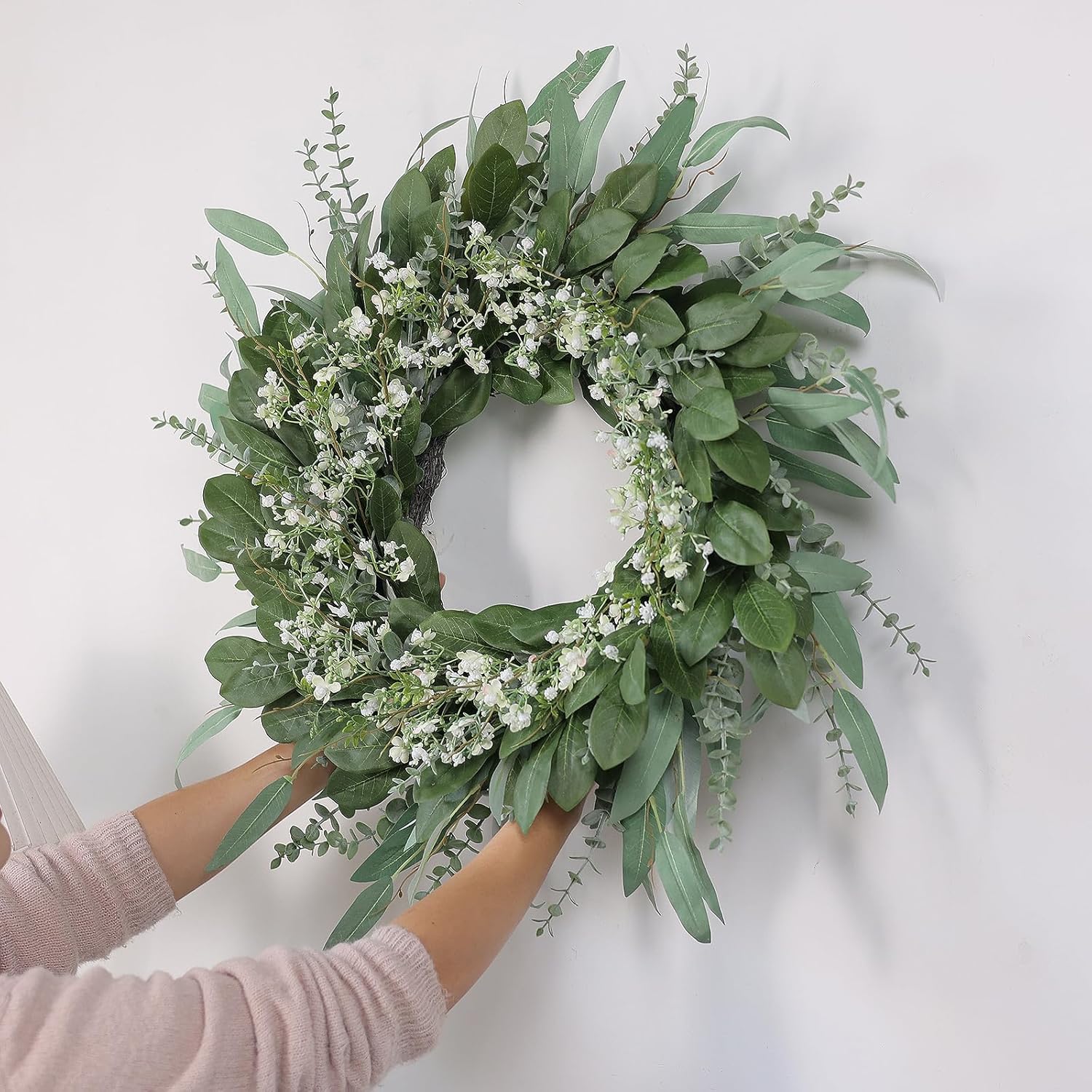 26 Inch Eucalyptus and Babys Breath Wreath for Front Door