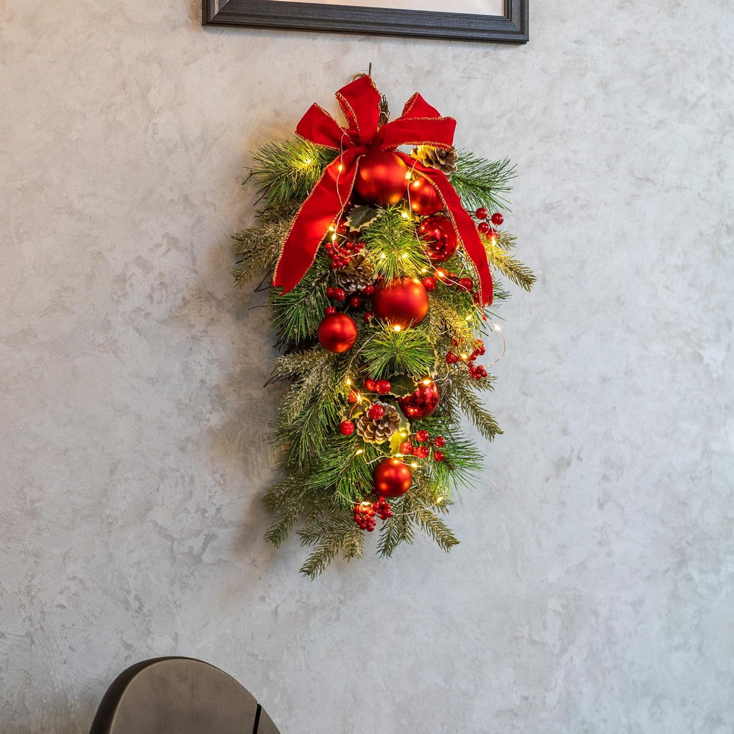 24 Inch Pre-Lit Teardrop Swag with Red Bow and Fairy Lights