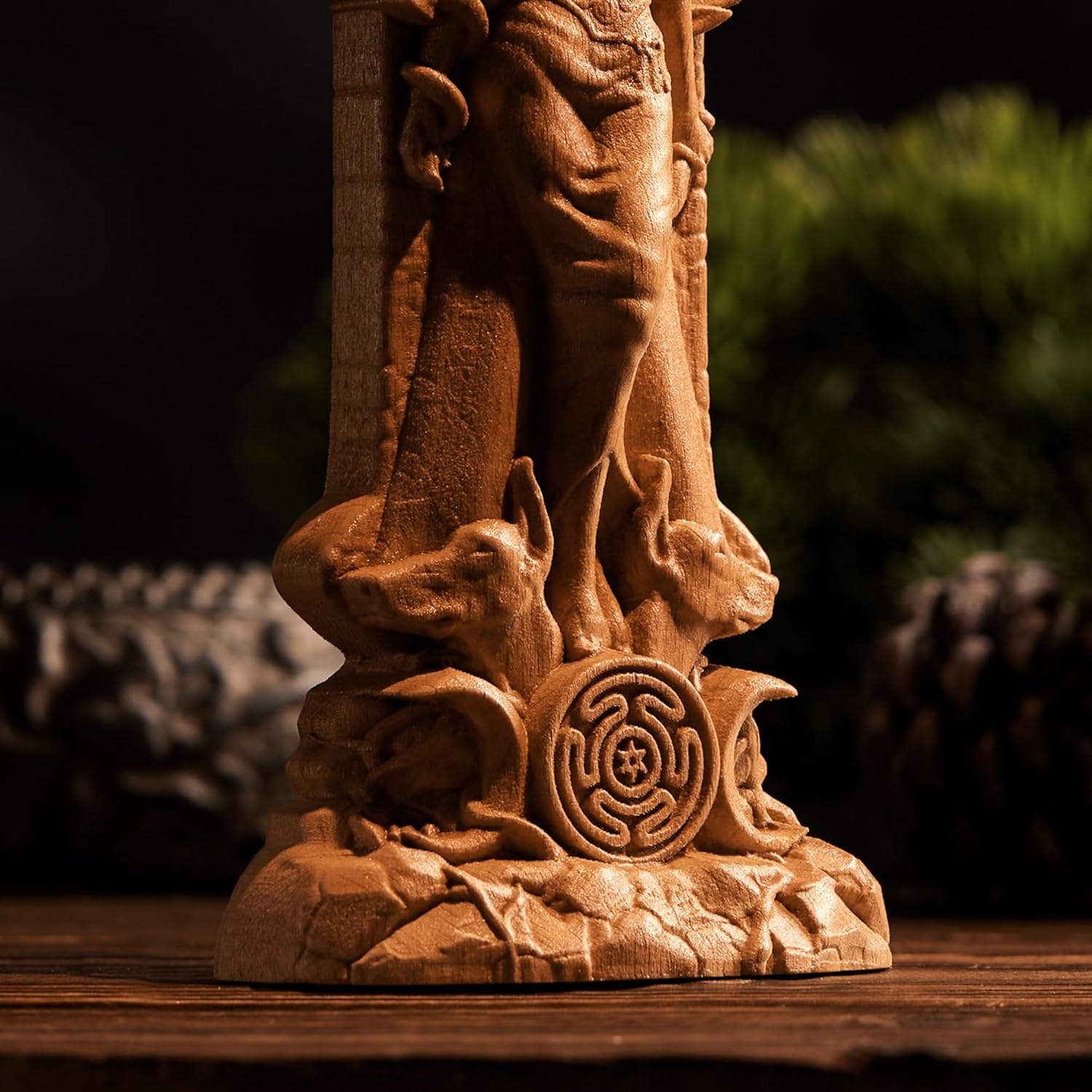 Wooden Hecate Statue - Triple Goddess Decor Sculpture