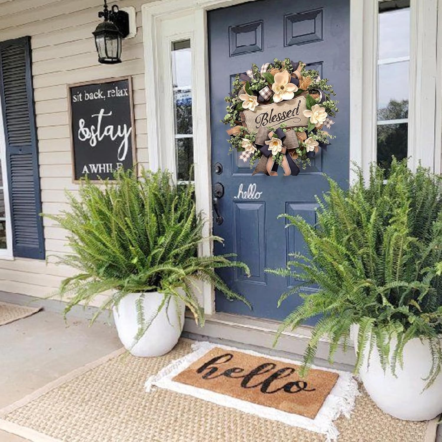 White Magnolia Wreath for Front Door Farmhouse Decor