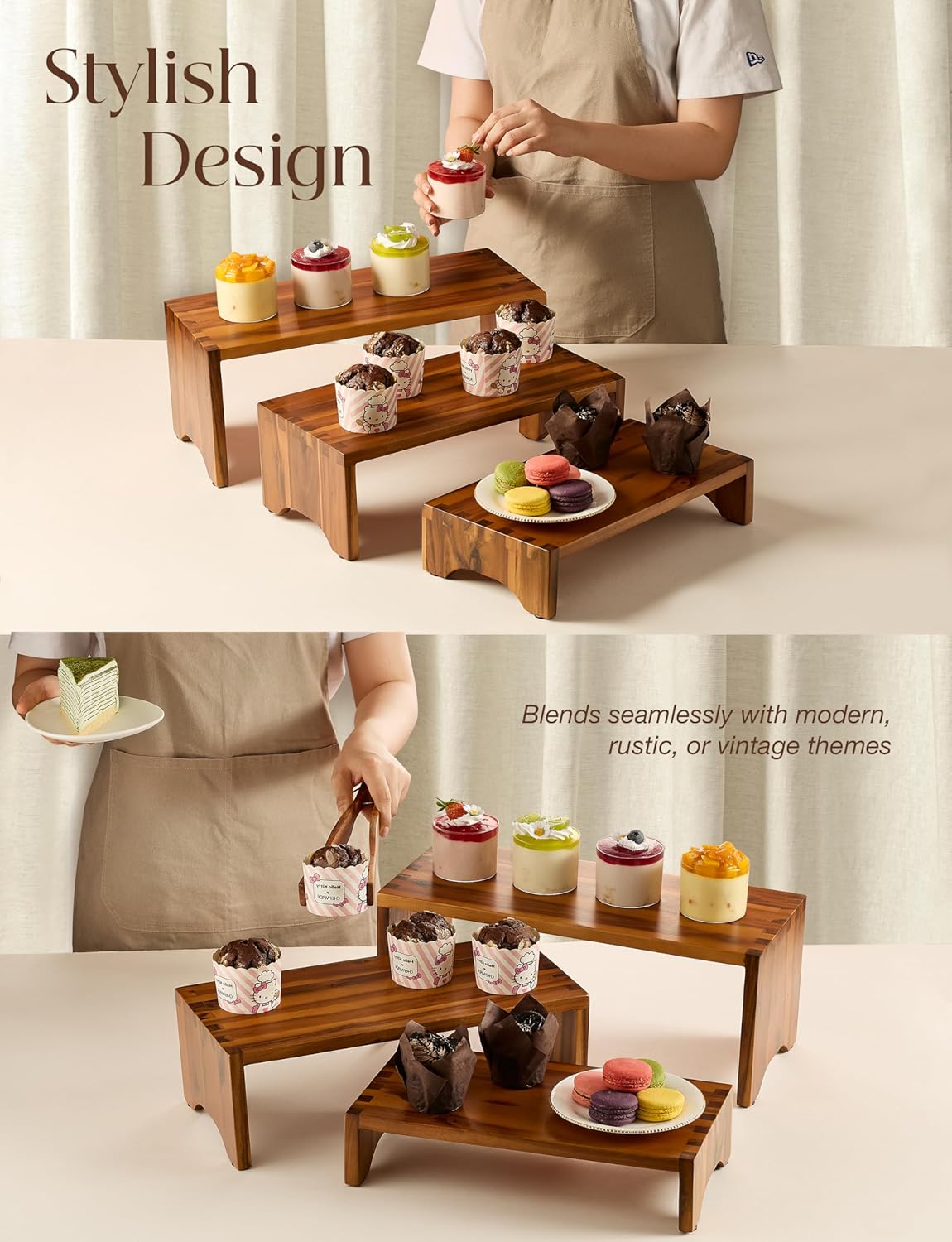 Tidita Acacia Wood Risers Display Stand Set of 3