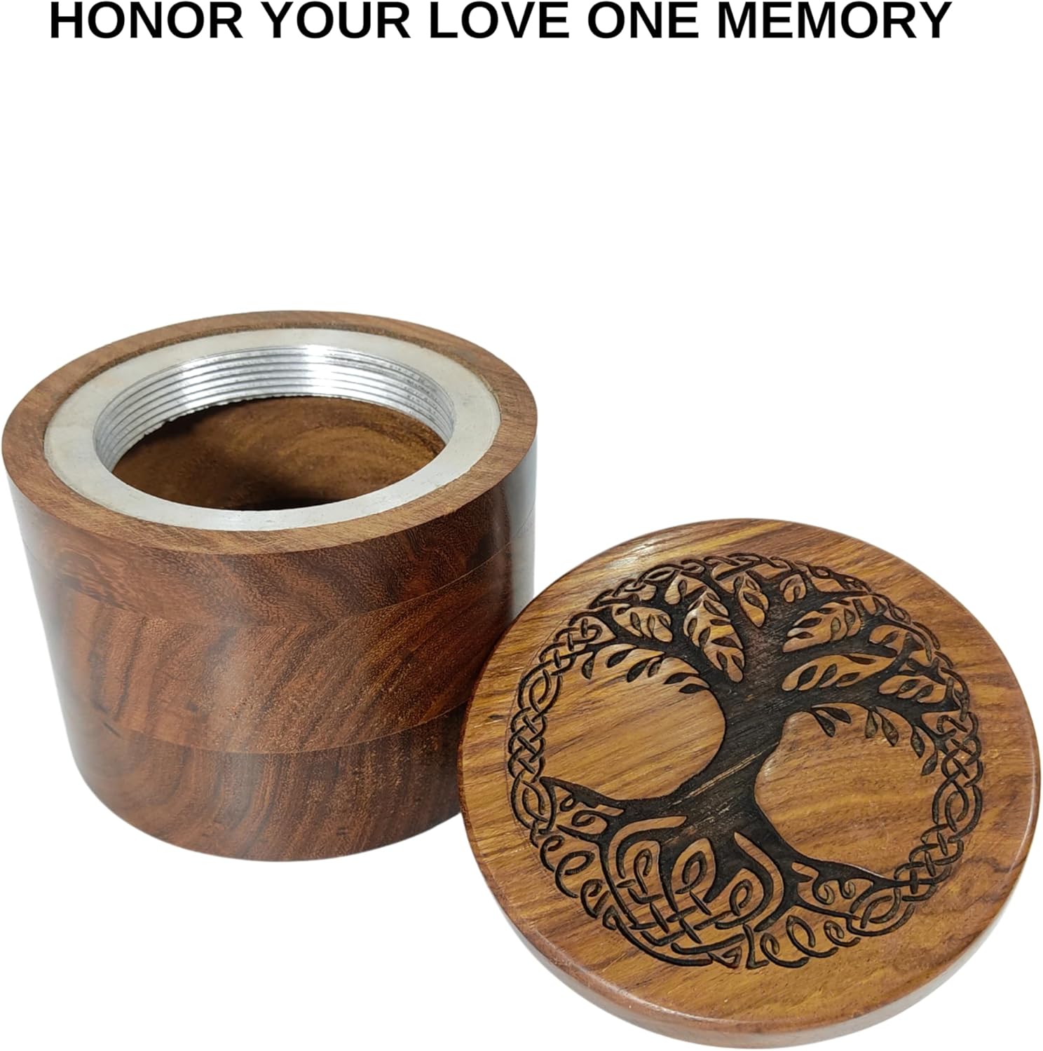 Handcrafted Wooden Urn with Tree of Life Engraving 1