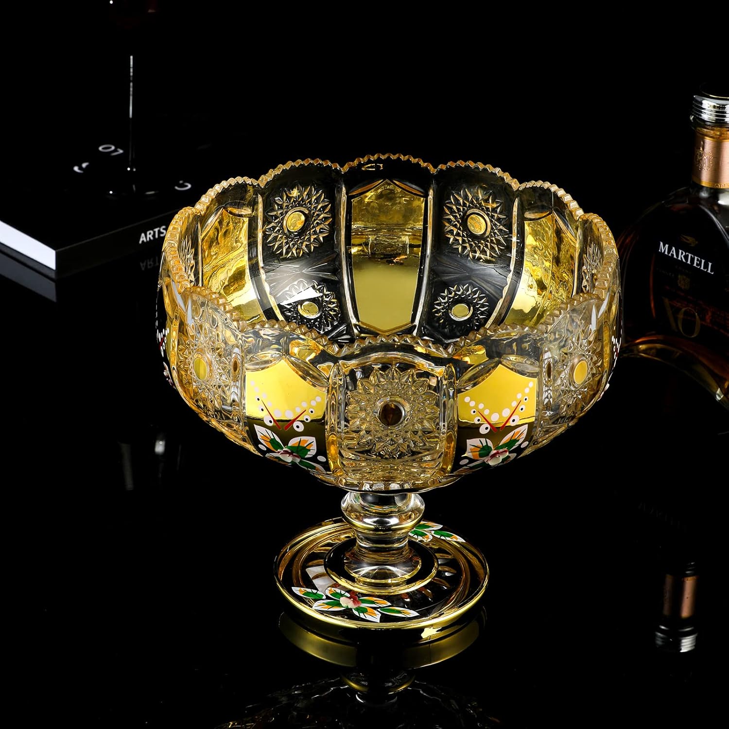 G Crystal Glass Fruit Bowl with Gold Accents and Floral Design