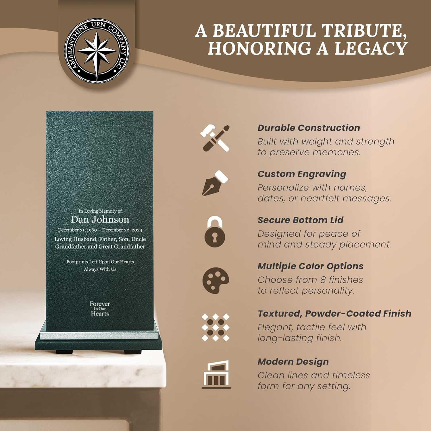 Amaranthine Urn Decorative Cremation Urn for Human Ashes - Customizable Metal Urn with Base Text and Color Made in USA