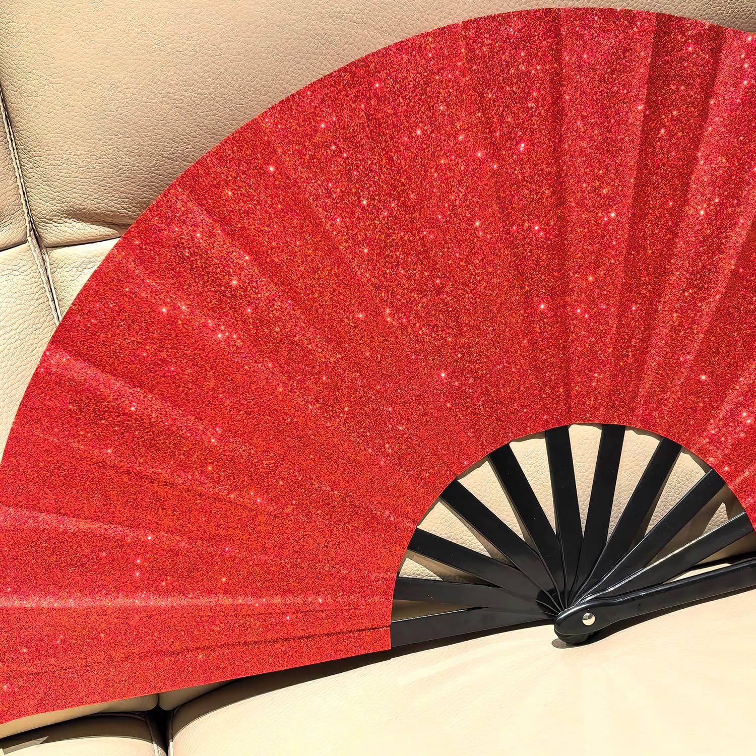 Large Folding Fan with Glitter 13 Inch Heavy Duty Plastic Fan